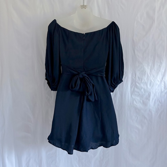 Here Comes the Sun Navy Satin Babydoll Empire Waist Poof Sleeve Mini Dress XS - Picture 4 of 14